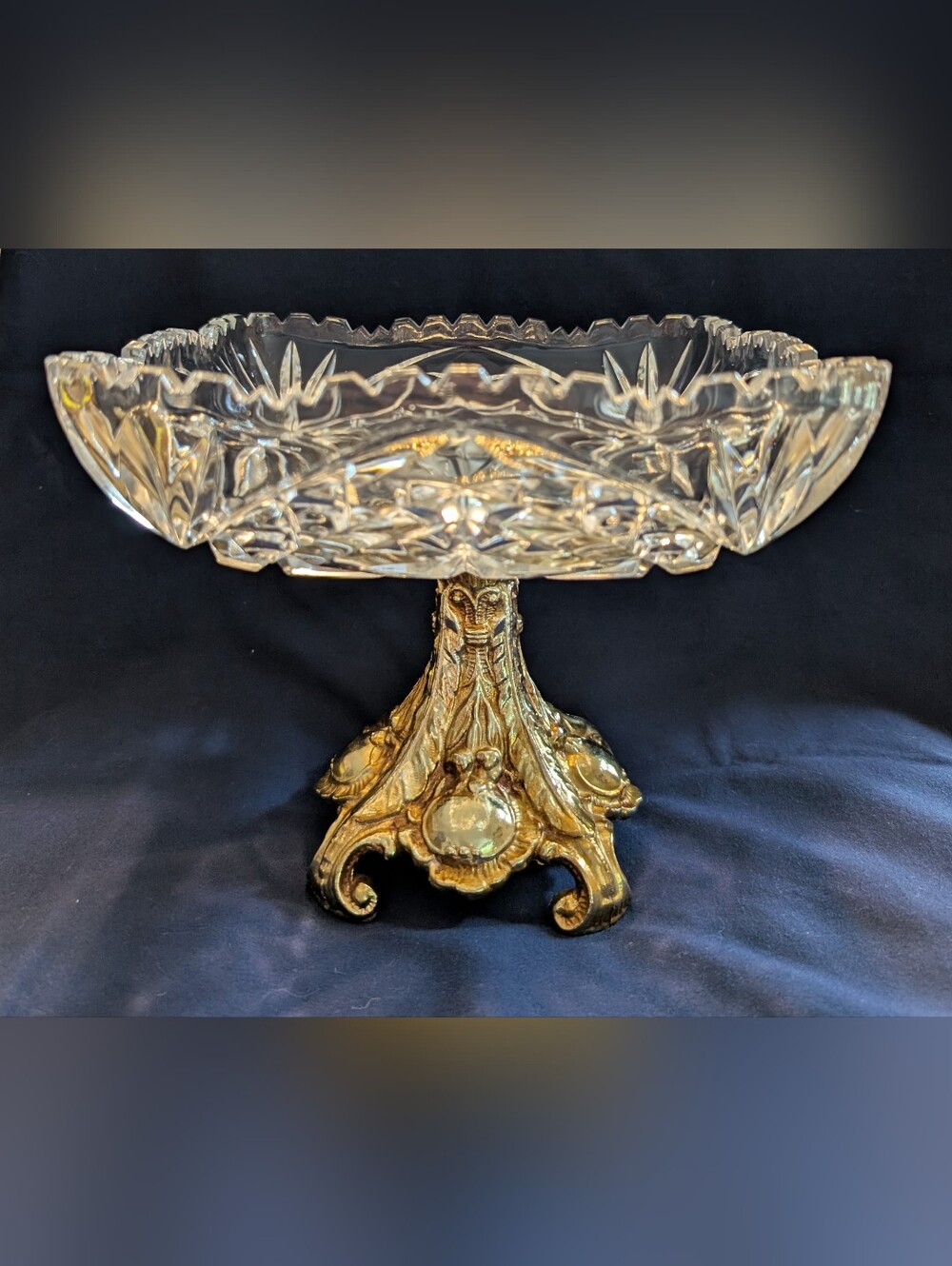 Vintage Cut Crystal Square Bowl On Metal Pedestal